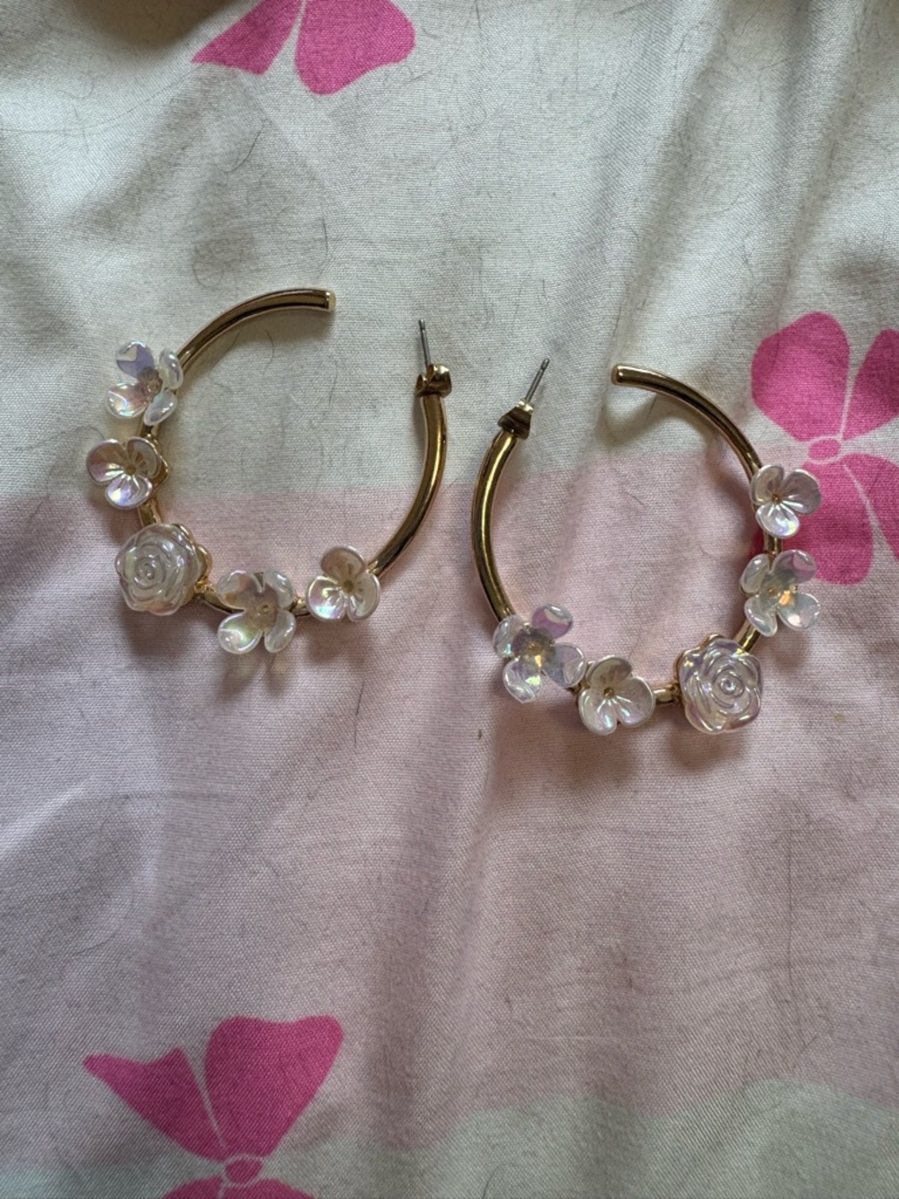 Gold Hoop Earrings with Iridescent Flower Charms
